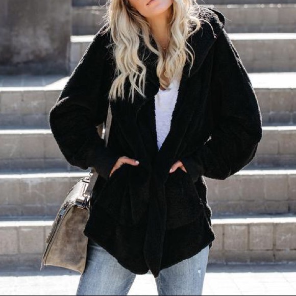 Faux Fur Sherpa Hoodie Plush Jacket Coat ONE SIZE - Picture 6 of 8